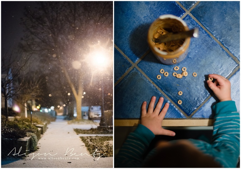 snowy night and child's hands with cheerios and peanut butter